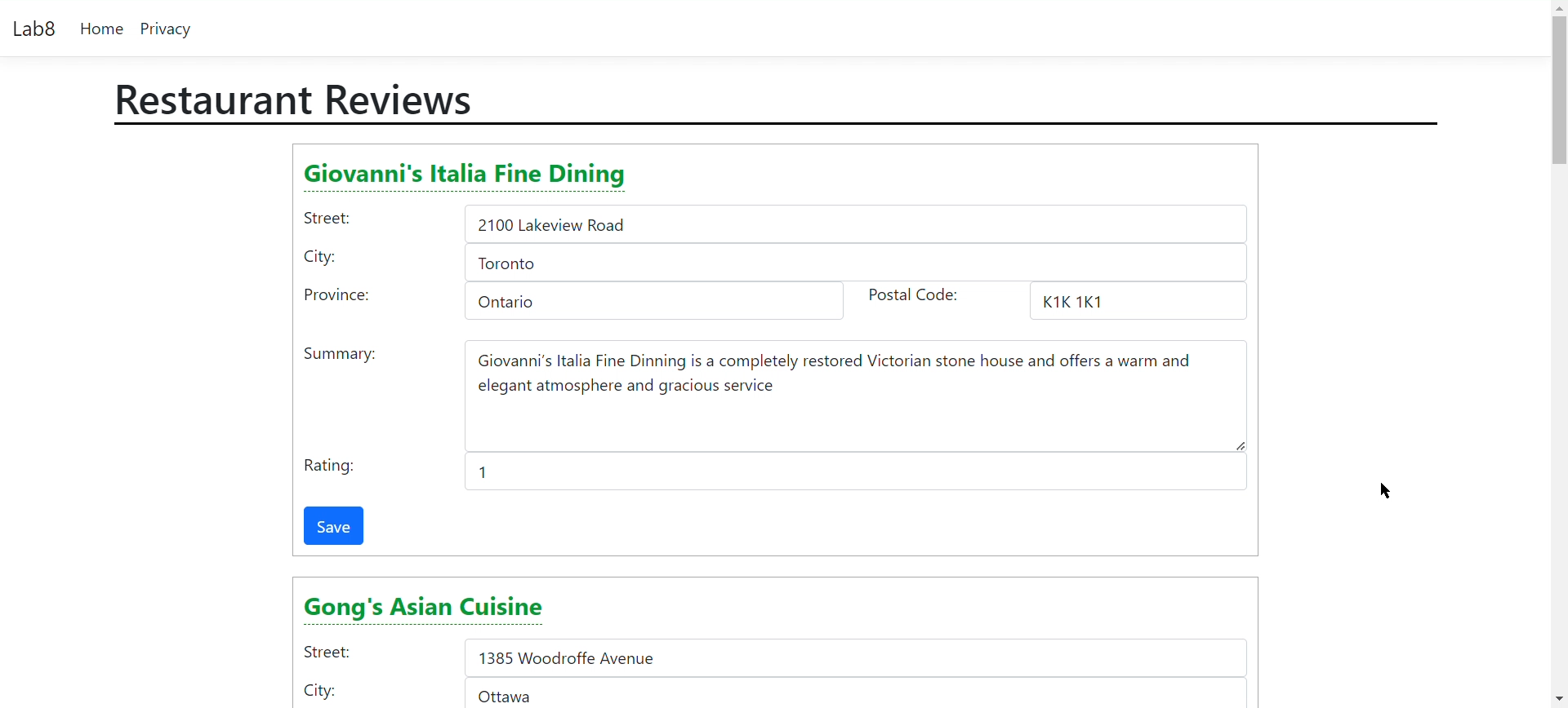 an image of an application to write restaurant reviews